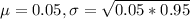 \mu = 0.05, \sigma = \sqrt{0.05*0.95}