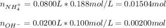 n_{NH_4^+}=0.0800L*0.188mol/L=0.01504mol\\\\n_{OH^-}=0.0200L*0.100mol/L=0.00200mol