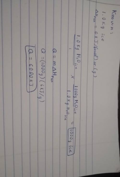 Calculate the heat energy, in kJ, required to melt 1.0kg of ice at 0 degrees celcius.

Show all work