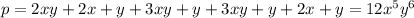 p = 2xy + 2x + y + 3xy + y + 3xy + y + 2x + y = 12x {}^{5} y {} ^{6}