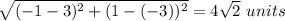 \sqrt{(-1-3)^2+(1-(-3))^2} =4\sqrt{2} \ units