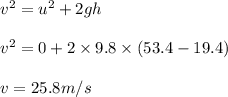 v^2 = u^2 + 2 gh\\\\v^2 = 0 + 2 \times 9.8 \times (53.4 - 19.4)\\\\v = 25.8 m/s