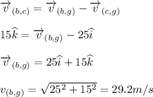 \overrightarrow{v}_{(b,c)}= \overrightarrow{v}_{(b,g)}-\overrightarrow{v}_{(c,g)}\\\\15 \widehat{k} = \overrightarrow{v}_{(b,g)} - 25 \widehat{i}\\\\\overrightarrow{v}_{(b,g)} = 25 \widehat{i} + 15 \widehat{k}\\\\v_{(b,g)}=\sqrt{25^2 + 15^2}=29.2 m/s