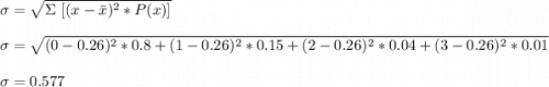 \sigma=\sqrt{ \Sigma\ [(x-\bar x)^2*P(x)]}\\\\\sigma=\sqrt{(0-0.26)^2*0.8+(1-0.26)^2*0.15+(2-0.26)^2*0.04+(3-0.26)^2*0.01} \\\\\sigma=0.577