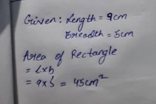 Find the area of the rectangle whose dimensions are 5cm x 9cm.