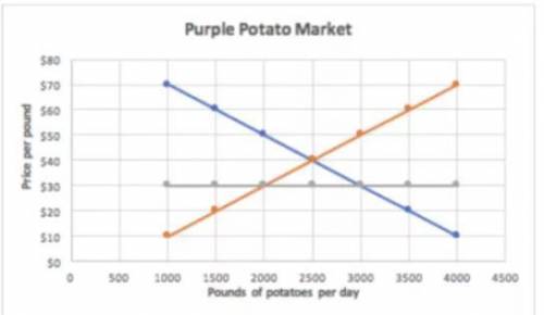 Consider the market for purple potatoes below and assume that a price ceiling of $30 is imposed by t