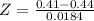 Z = \frac{0.41 - 0.44}{0.0184}