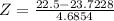 Z = \frac{22.5 - 23.7228}{4.6854}