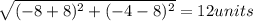 \sqrt{(-8+8)^2+(-4-8)^2}=12units
