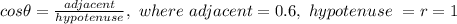 cos \theta = \frac{adjacent}{hypotenuse} , \ where  \  adjacent = 0.6 ,\  hypotenuse \  = r= 1