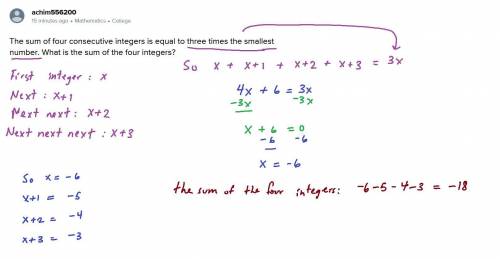 The sum of four consecutive integers is equal to three times the smallest number. What is the sum of