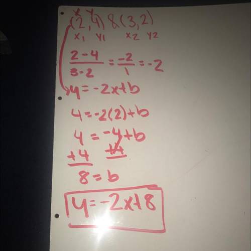 Find the equation of the line passing through the points (2, 4) and (3, 2).​