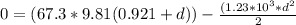 0=(67.3 * 9.81 (0.921 + d)) -\frac{(1.23 * 10^3 * d^2}{ 2}