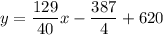 y=\dfrac{129}{40}x-\dfrac{387}{4}+620