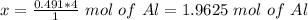 x={0.491*4\over{1}}~mol~of~Al=1.9625~mol~of~Al