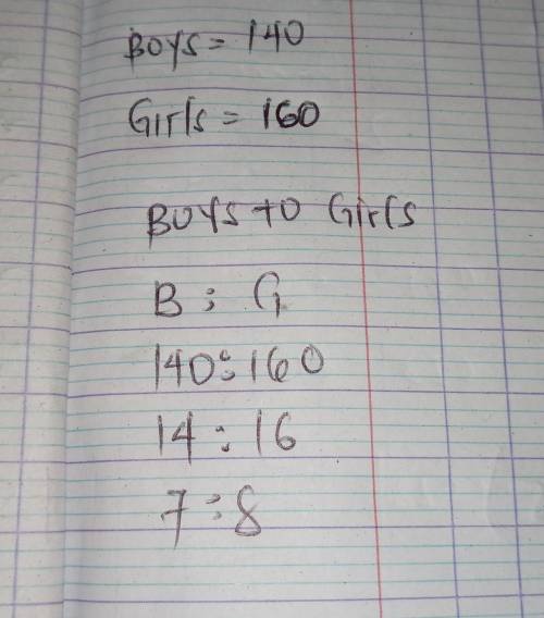 A school contains 140 boys and 160 girls. what is the ratio of boys to girls?

I need full working o