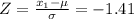 Z=\frac{x_1-\mu}{\sigma}=-1.41