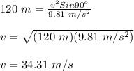 120\ m = \frac{v^2Sin 90^o}{9.81\ m/s^2}\\\\v = \sqrt{(120\ m)(9.81\ m/s^2)}\\\\v = 34.31\ m/s
