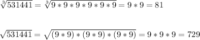 \sqrt[3]{531441}=\sqrt[3]{9*9*9*9*9*9}  =9*9 = 81\\\\\\\sqrt{531441}=\sqrt{(9*9)*(9*9)*(9*9)}=9*9*9=729