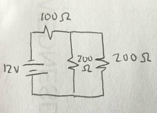 Draw a circuit with a 12-volt battery, a 100 ohms resistor in series, and two resistors (each of val
