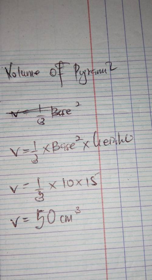 deep. Calculate its volume (in cm in terms of m). [JAMB] 500 A right pyramid on a base 10 m square i