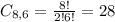 C_{8,6} = \frac{8!}{2!6!} = 28