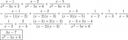 \dfrac{x-1}{x^2-3x+2}+\dfrac{x-2}{x^2-5x+6}+\dfrac{x-5}{x^2-8x+15}\\\\=\dfrac{x-1}{(x-1)(x-2)}+\dfrac{x-2}{(x-2)(x-3)}+\dfrac{x-5}{(x-3)(x-5)}=\dfrac{1}{x-2}+\dfrac{1}{x-3}+\dfrac{1}{x-3}\\\\=\dfrac{1}{x-2}+\dfrac{2}{x-3}=\dfrac{(x-3)+2(x-2)}{(x-2)(x-3)}=\dfrac{x-3+2x-4}{x^2-5x+6}\\\\\boxed{\dfrac{3x-7}{x^2-5x+6}}