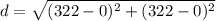 d=\sqrt{(322-0)^2+(322-0)^2}