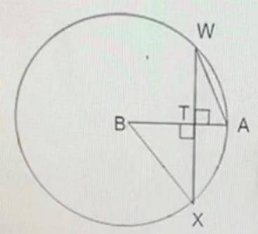 In circle B, given isosceles triangle BTX, BA ⟂ WX, and WX = 10, what is the radius of circle B roun