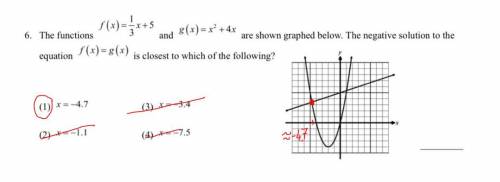 The function f(x) = 1/3x + 5 and g(x) = x^2 + 4x are shown graphed below. The negative solution to t