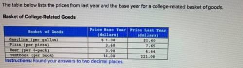 a. What is the total cost for a basket of goods that includes 210 gallons of gas, 55 pizzas, 40 6-pa