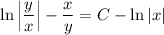 \ln\left|\dfrac yx\right| -\dfrac xy = C - \ln|x|