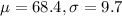 \mu = 68.4, \sigma = 9.7