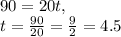 90=20t,\\t=\frac{90}{20}=\frac{9}{2}=4.5