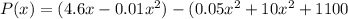 P(x)=(4.6x-0.01x^2)-(0.05x^2+10x^2+1100