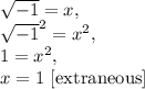 \sqrt{-1}=x, \\\sqrt{-1}^2=x^2,\\1=x^2,\\x=1\text{ [extraneous]}
