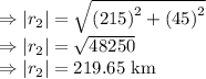 \Rightarrow \left | r_{2} \right |=\sqrt{\left ( 215 \right )^2+\left ( 45 \right )^2}\\\Rightarrow  \left | r_{2} \right |=\sqrt{48250}\\\Rightarrow  \left | r_{2} \right |=219.65\ \text{km}