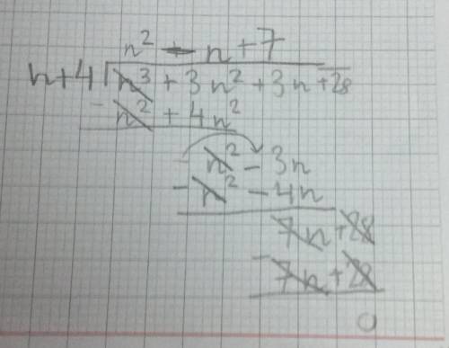 How to solve (n^(3)+3n^(2)+3n+28)-:(n+4) in long polynomial division?