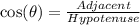 \cos(\theta) = \frac{Adjacent}{Hypotenuse}
