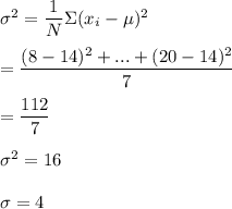 \sigma^2=\dfrac{1}{N}\Sigma(x_i-\mu)^2\\\\=\dfrac{(8-14)^2+...+(20-14)^2}{7}\\\\=\dfrac{112}{7}\\\\\sigma^2=16\\\\\sigma=4