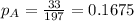 p_A = \frac{33}{197} = 0.1675