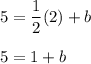 5=\displaystyle\frac{1}{2}(2)+b\\\\5=1+b