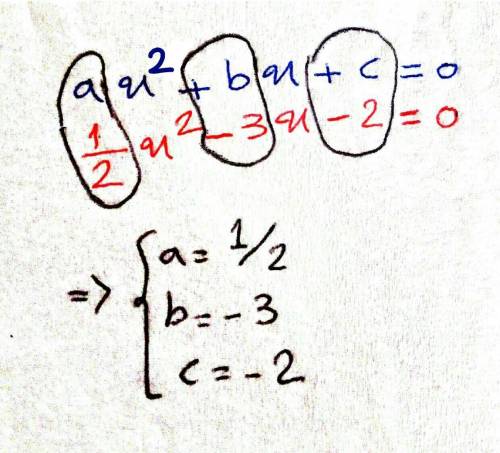 What are the values of a, b, and c in the quadratic equation 0 = 1 / 3x² – 3x – 2?

O a = 3,6 =3, c=
