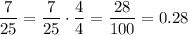 \dfrac{7}{25}=\dfrac{7}{25}\cdot\dfrac{4}{4}=\dfrac{28}{100}=0.28