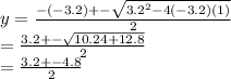 y = \frac{-(-3.2) +- \sqrt{3.2^{2}-4(-3.2)(1)} }{2} \\= \frac{3.2+-\sqrt{10.24+12.8}  }{2} \\= \frac{3.2+- 4.8}{2}