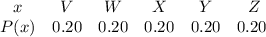 \begin{array}{cccccc}{x} & {V} & {W} & {X} & {Y} & {Z} & P(x) & {0.20} & {0.20} & {0.20} & {0.20} & {0.20} \ \end{array}