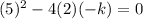 (5)^2-4(2)(-k)=0