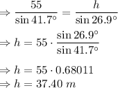 \Rightarrow \dfrac{55}{\sin 41.7^{\circ}}=\dfrac{h}{\sin 26.9^{\circ}}\\\\\Rightarrow h=55\cdot\dfrac{\sin 26.9^{\circ}}{\sin 41.7^{\circ}}\\\\\Rightarrow h=55\cdot 0.68011\\\Rightarrow h=37.40\ m