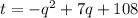 t = - q^2 + 7q + 108