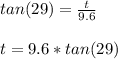 \\\\tan(29)=\frac{t}{9.6} \\\\t=9.6*tan(29)